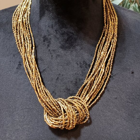 Womens Fashion Gold Tone Multi Strand Seed Beaded Necklace with Lobster Clasp - Picture 1 of 7